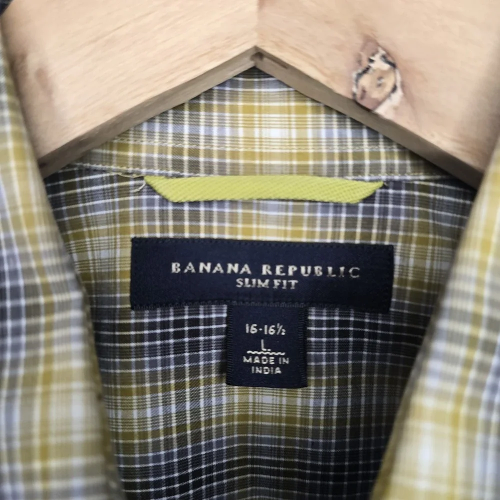 Banana Republic‎ Shirt Mens Large 16-16.5 Yellow Plaid Button Up Slim Fit Casual